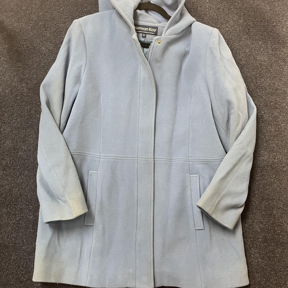 Herman Kay Coat Womens XL Blue Wool Hooded Full Zip Lined Pockets Mid Length